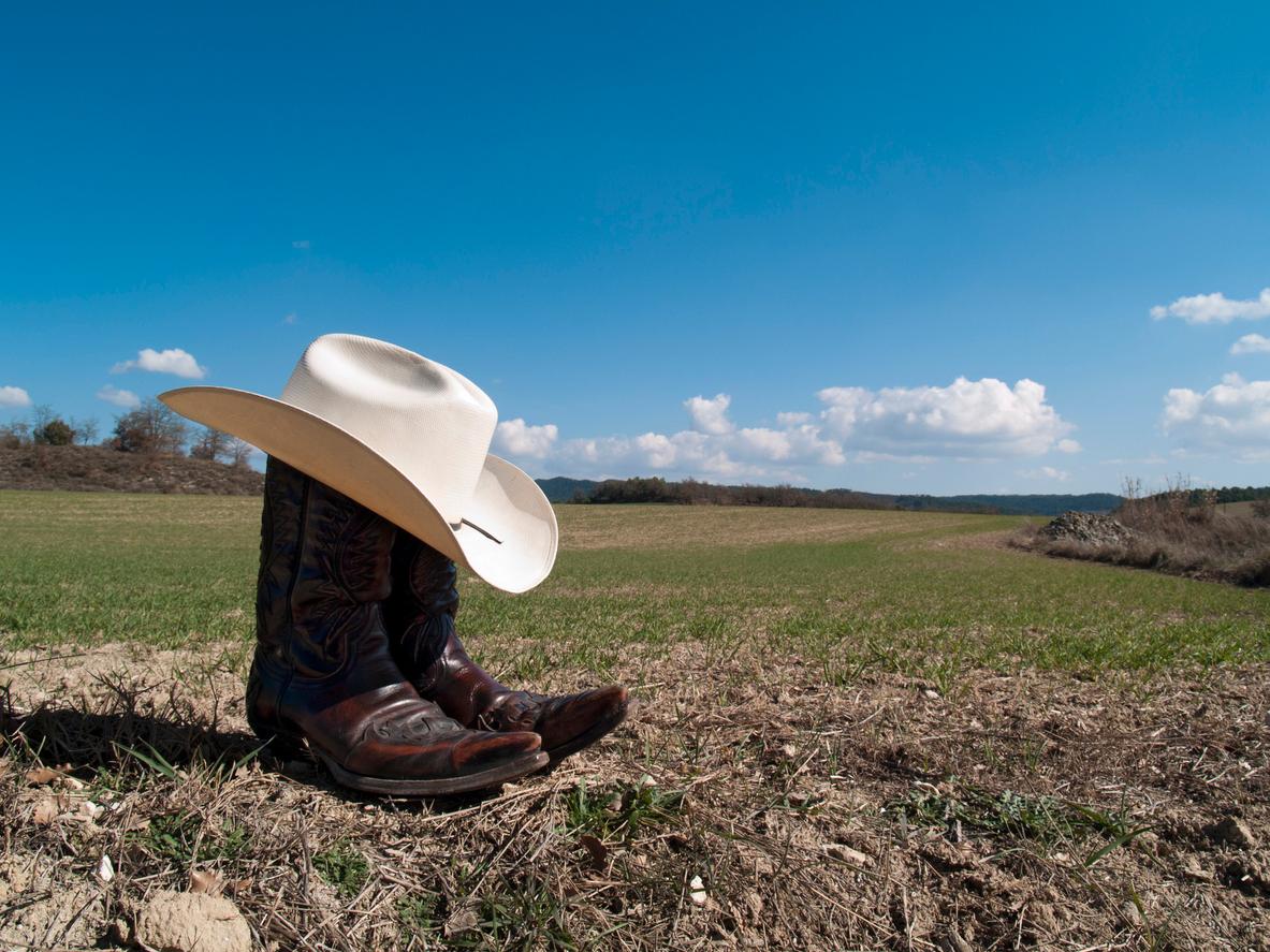 Cowboy boots in a field with a white cowboy hat on them.