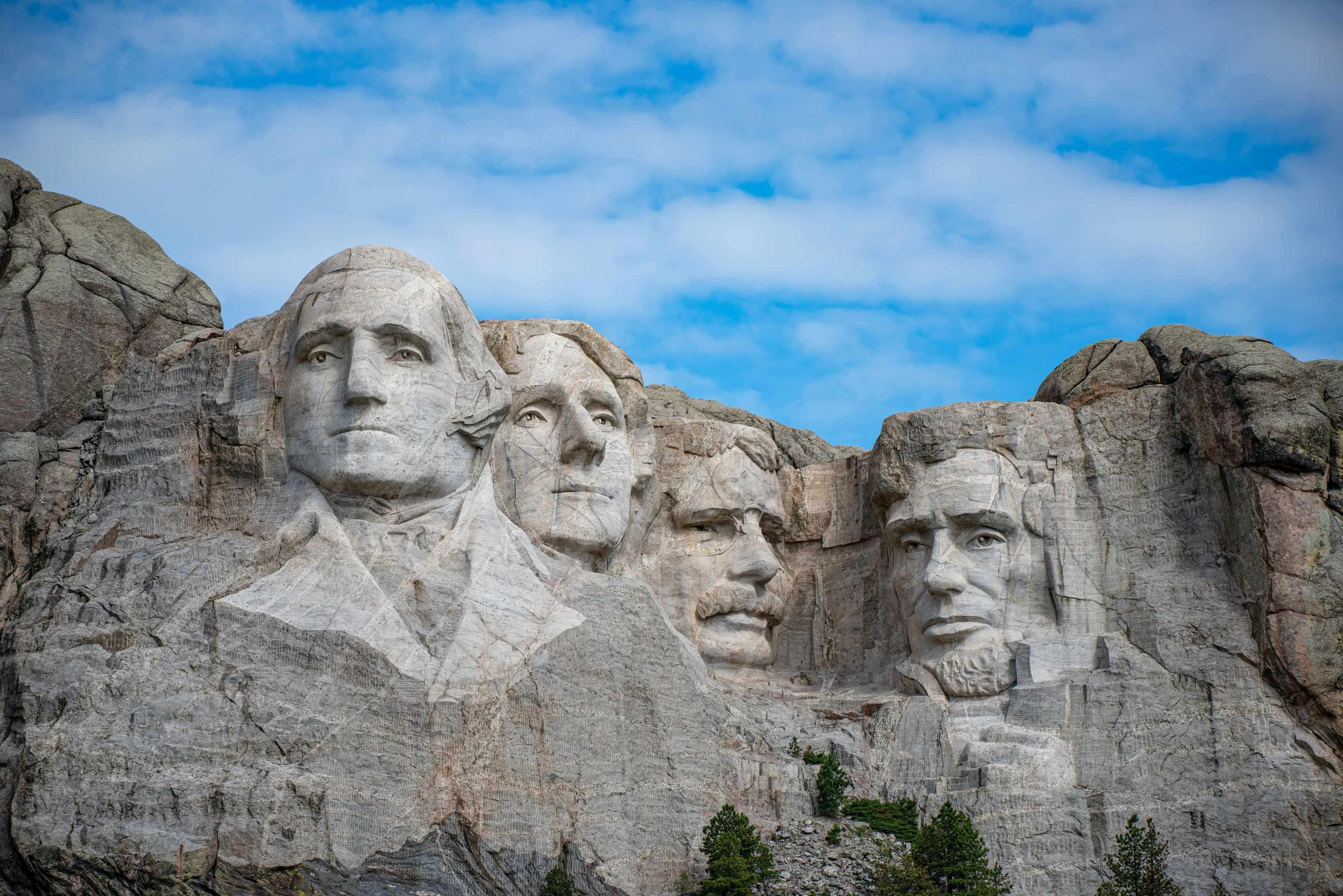 Mount Rushmore is pictured on a cloudy day.