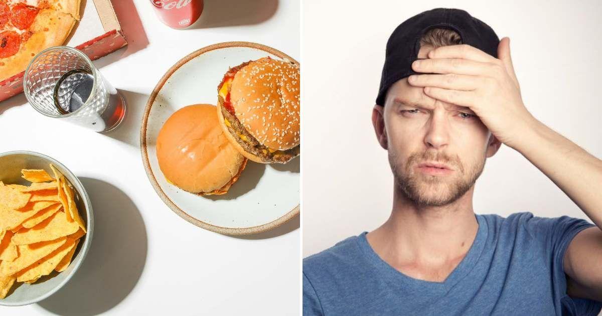 (L) Pizza, burgers, nachos and cola drink on a table. (Representative Cover Image Source: Pexels | Polina Tankilevitch) (R) Man worried about his health (Representative Cover Image Source: Pixabay | Sammy-Sander)