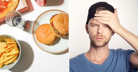 (L) Pizza, burgers, nachos and cola drink on a table. (Representative Cover Image Source: Pexels | Polina Tankilevitch) (R) Man worried about his health (Representative Cover Image Source: Pixabay | Sammy-Sander)