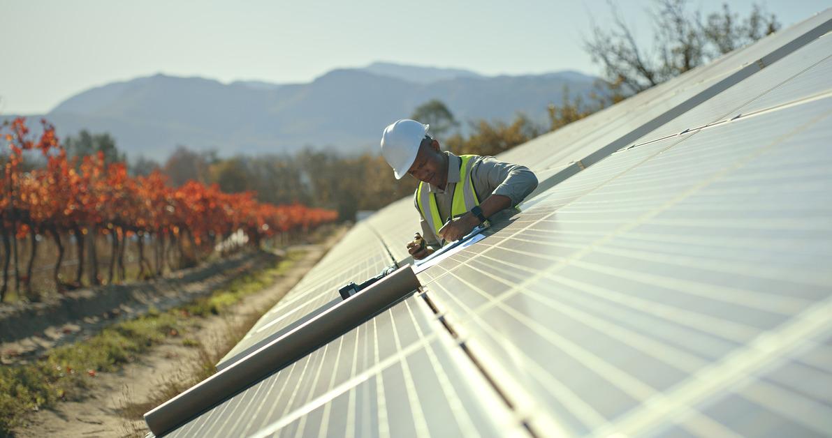 Man working on ground-mounted solar panels next to a line of trees. 