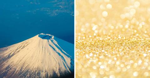 (L) A volcano crater covered in snow. (R) Gold dust particles. (Representative Cover Image Source: Pexels | (L) Tirachard Kumtanom, (R) Achira22)