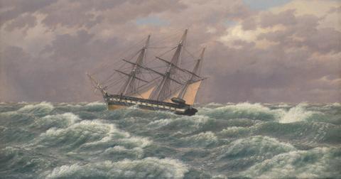 A painting of a ship in the North Sea during a storm.