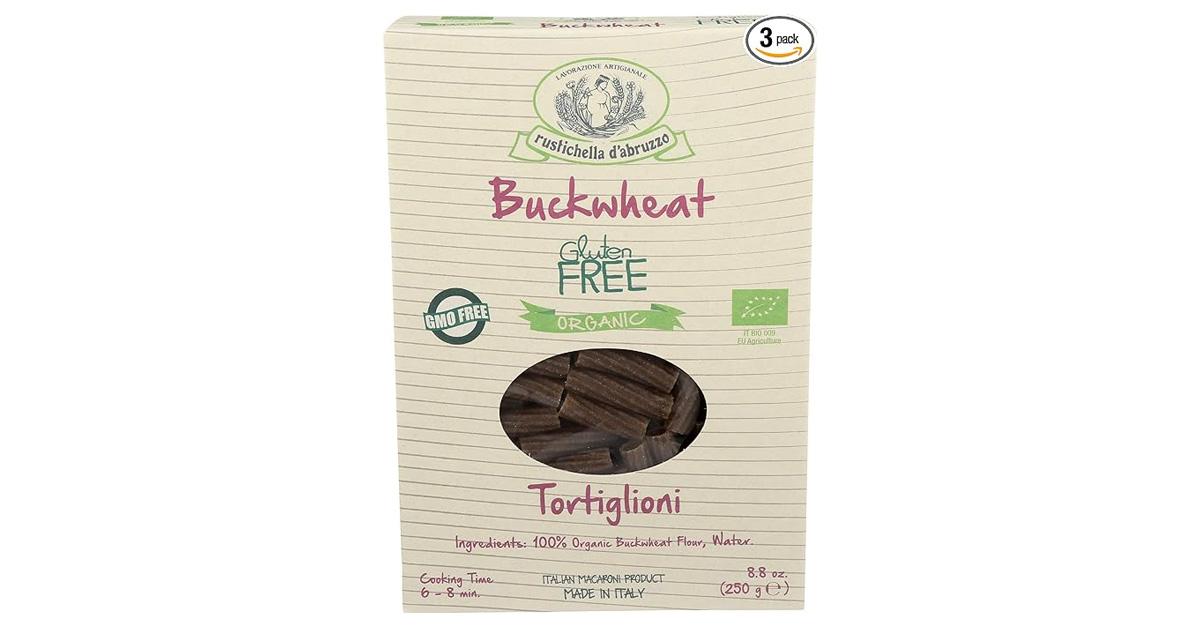 Buckwheat pasta in a brown box.