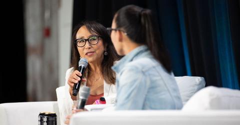 Miyoko Schinner on stage the Vegan Women Summit.