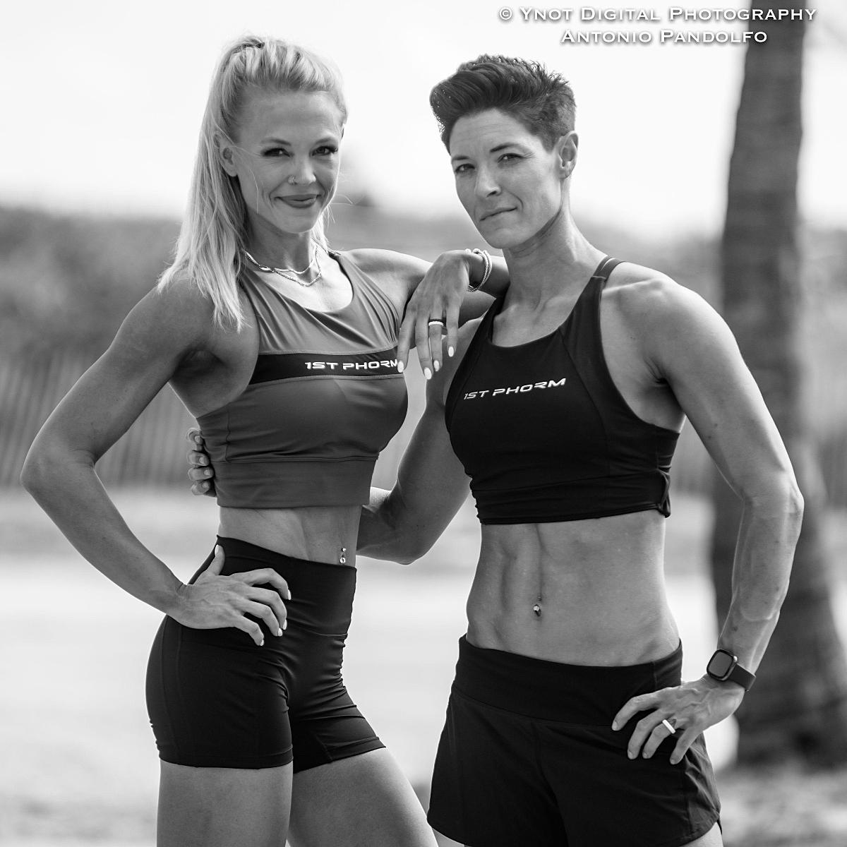 Katie Filer (left) and Jaime Filer (right) Assistant Health Coach Katie Filer and Mental/Physical Health coach Jamie Filer posing for black and white photo by Antonio Pandolfo 