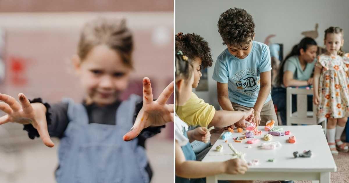 (L) A little girl with dirty hands. (R) A kindergarten classroom. (Representative Cover Image Source: Pexels | (L) Allan Mas, (R) Pavel Danilyuk)