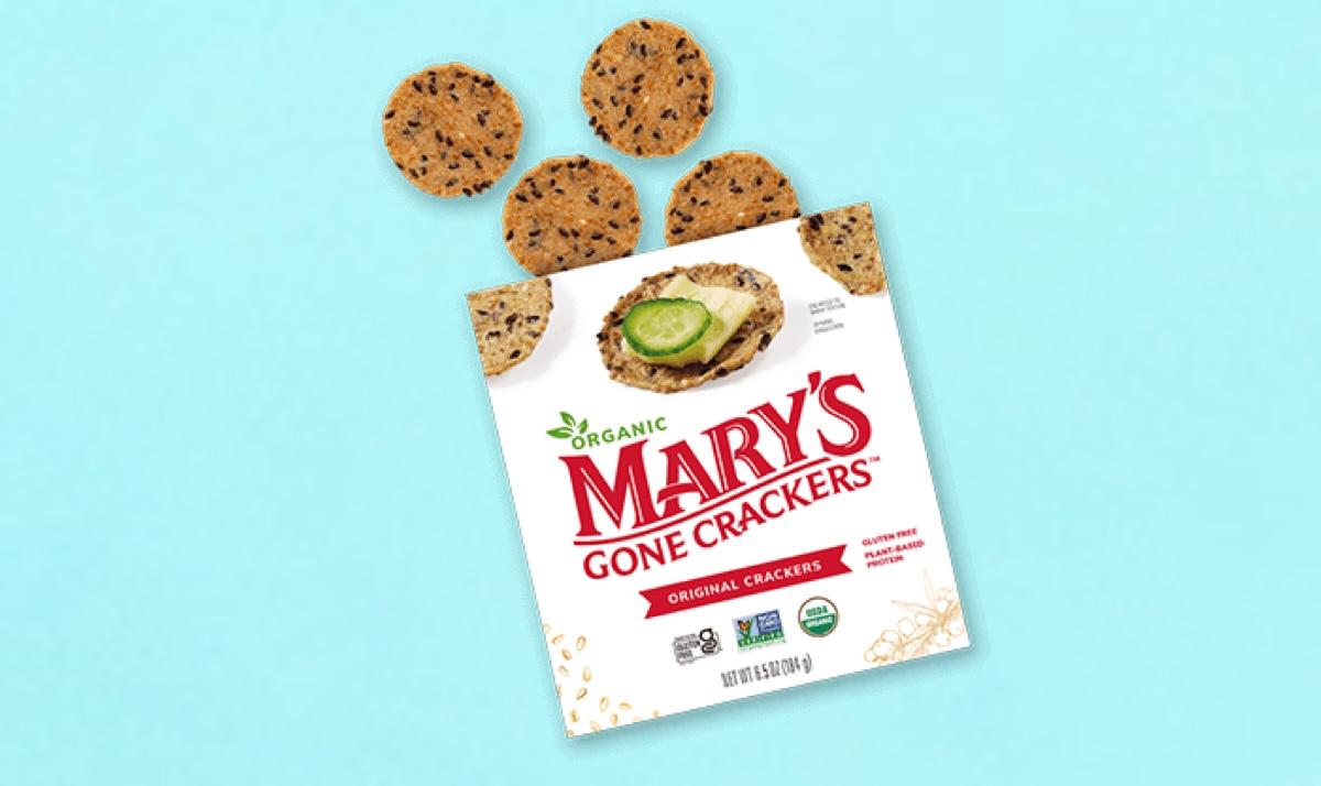 Box of Mary's Gone Crackers on blue background