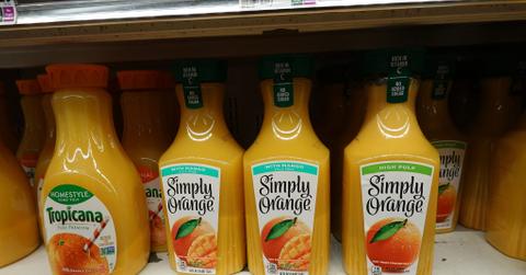 Simply Orange juices sits on a store shelf.