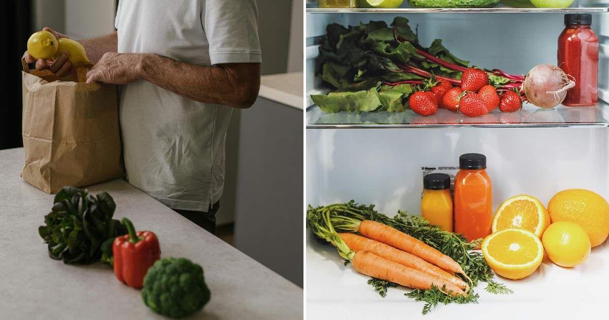 (L) A man unpacking groceries in the kitchen. (R) Assorted fruits and vegetables in a refrigerator. (Representative Cover Image Source: Pexels | (L) Shvets Productions, (R) Polina Tankilevitch)