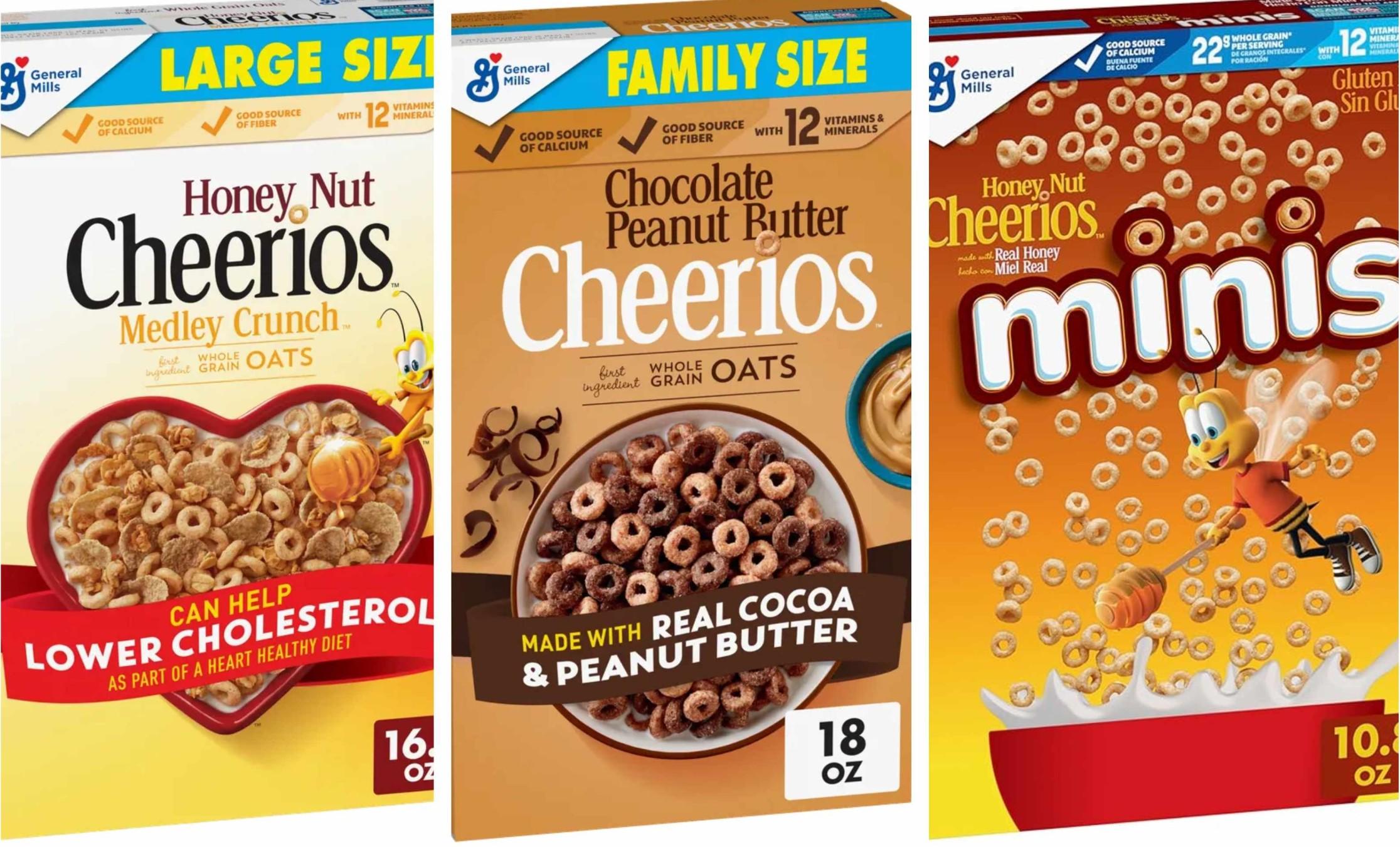 The three discontinued flavors of Cheerios are pictured side by side.