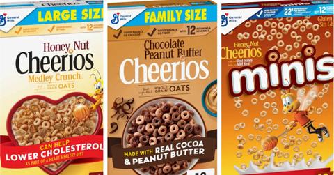 The three discontinued flavors of Cheerios are pictured side by side.