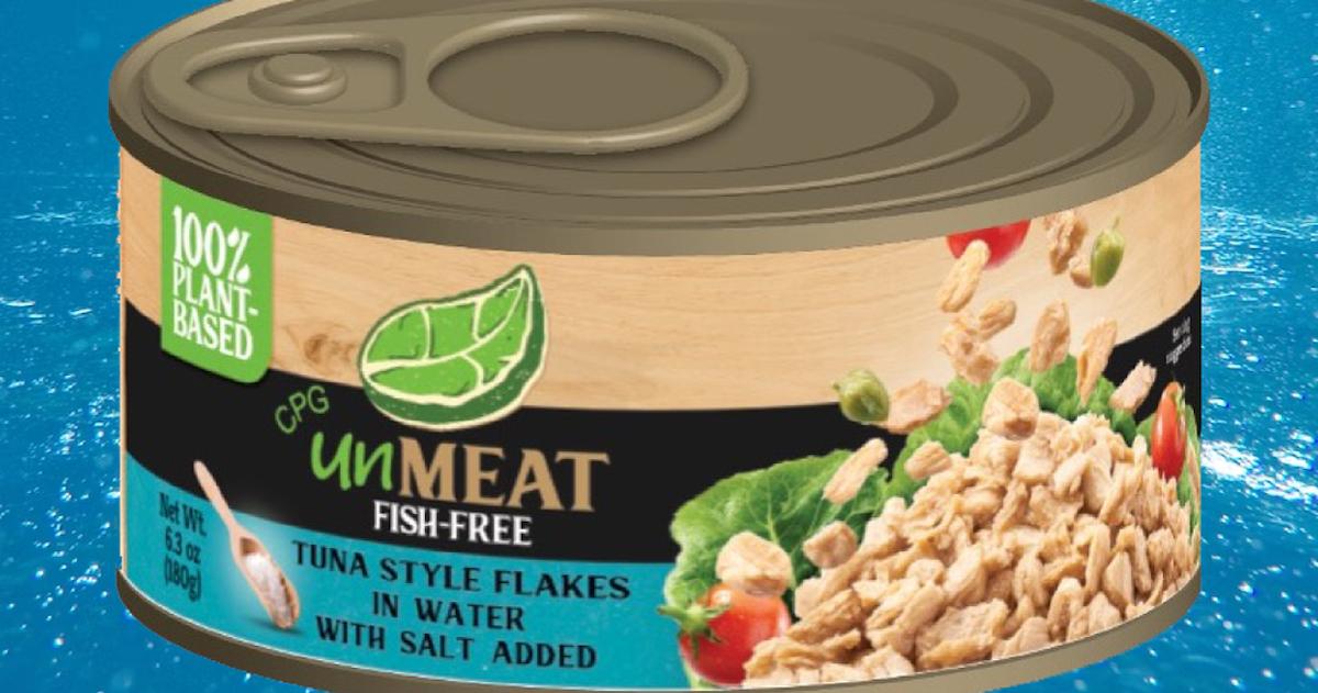 A can of unMEAT's fish-free tuna on a blue background