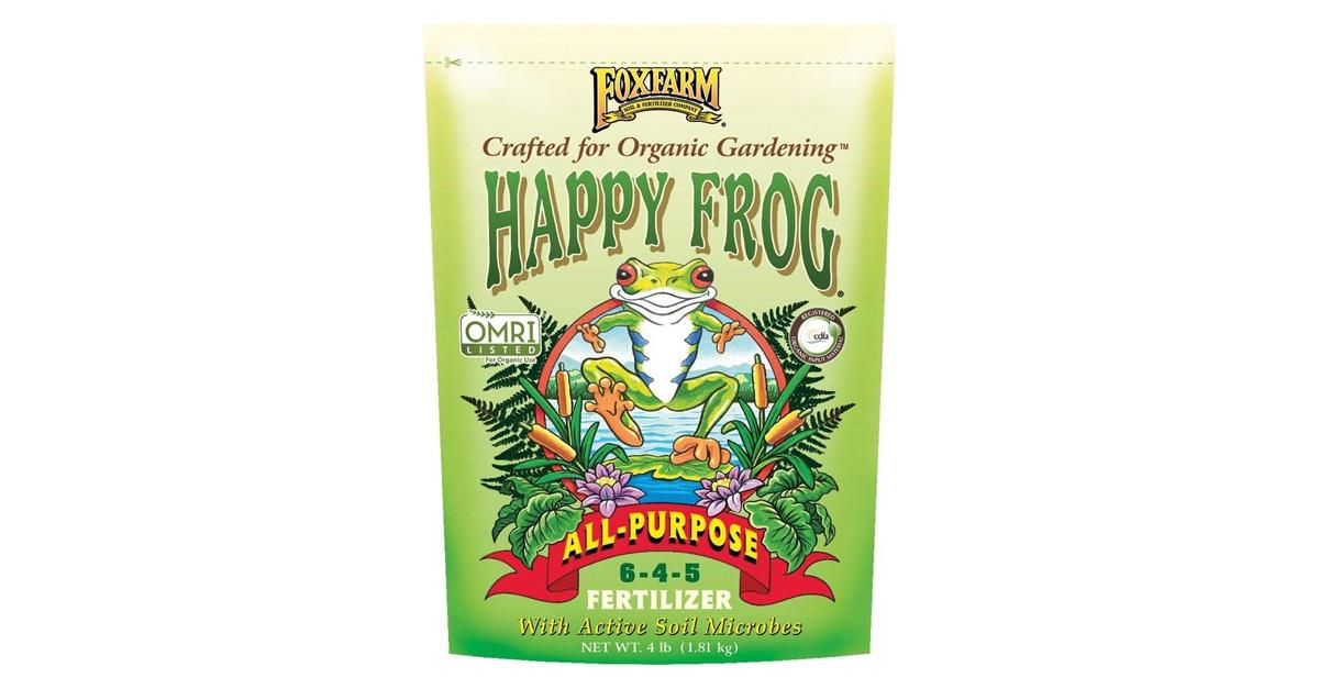 Happy Frog organic fertilizer in a green ba