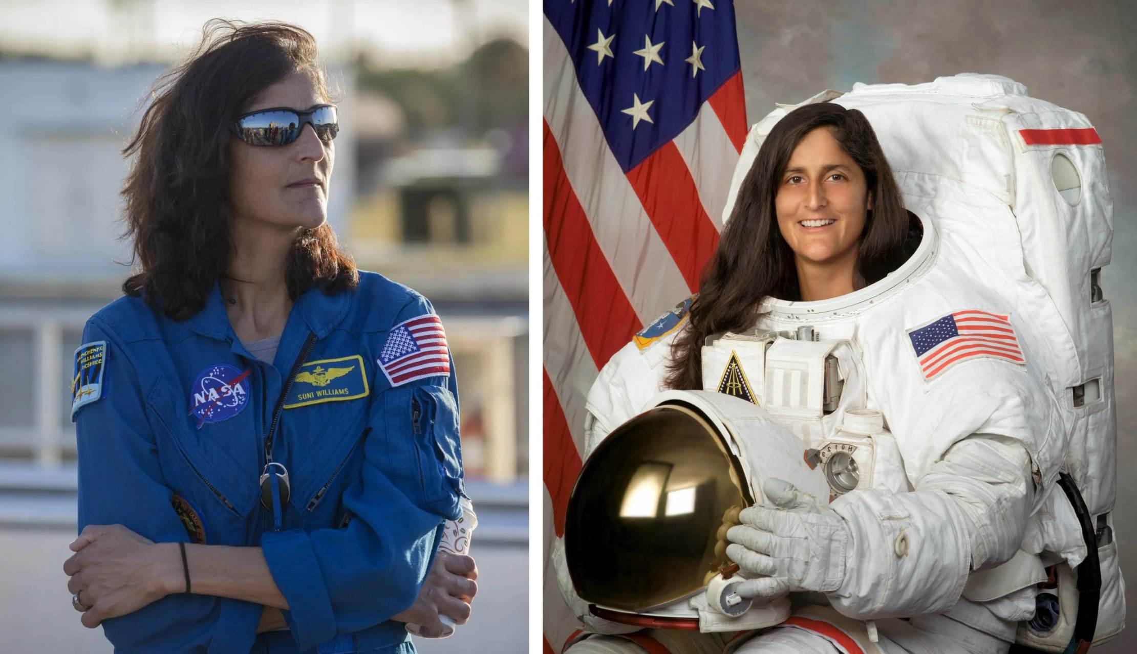Astronaut Suni Williams is pictured in her NASA apparel (left) and suit (right).