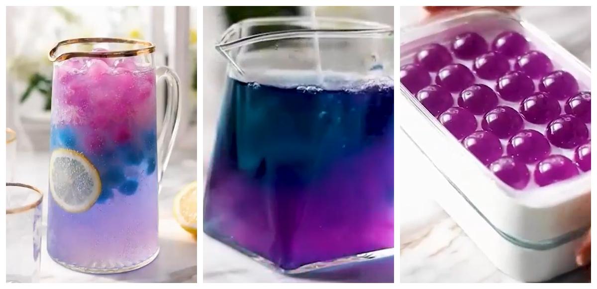 Three phoots of the Alpine Ice Hack are pictured side-by-side; a pitcher filled with water, pink and blue ice cubes, and a lemon slice; a pitcher of blue and pink water; two trays of pink and blue ice cubes on top of one another on a table