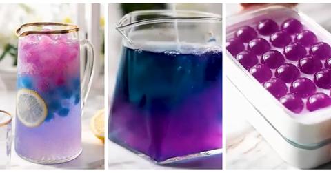 Three phoots of the Alpine Ice Hack are pictured side-by-side; a pitcher filled with water, pink and blue ice cubes, and a lemon slice; a pitcher of blue and pink water; two trays of pink and blue ice cubes on top of one another on a table