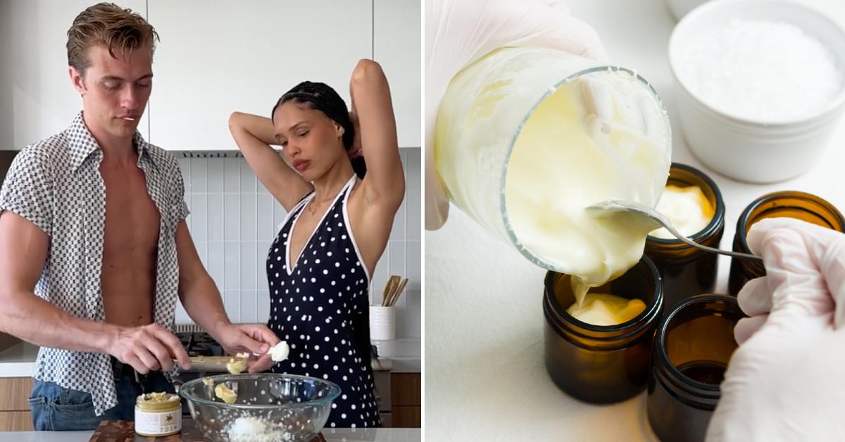 Side-by-side image of models and content creators Nara and Lucky Blue Smith making DIY sunscreen in their kitchen alongside a stock image of gloved hands pouring a DIY skincare product in a brown jar