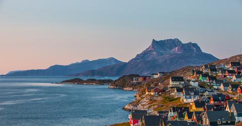 Colorful houses are pictured at sunset in Nuuk, the capital of Greenland.