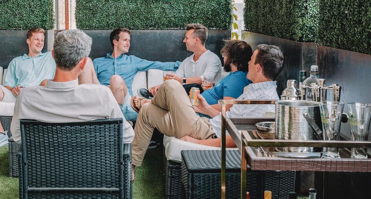 men talking outside