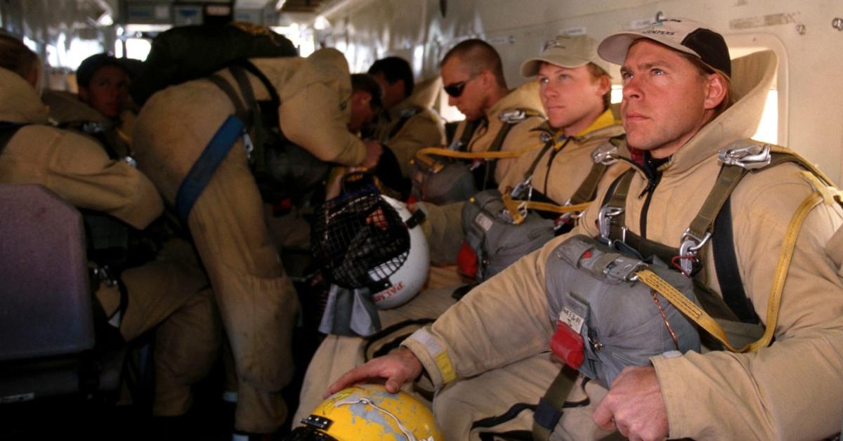 Smokejumper crew in a plane. 