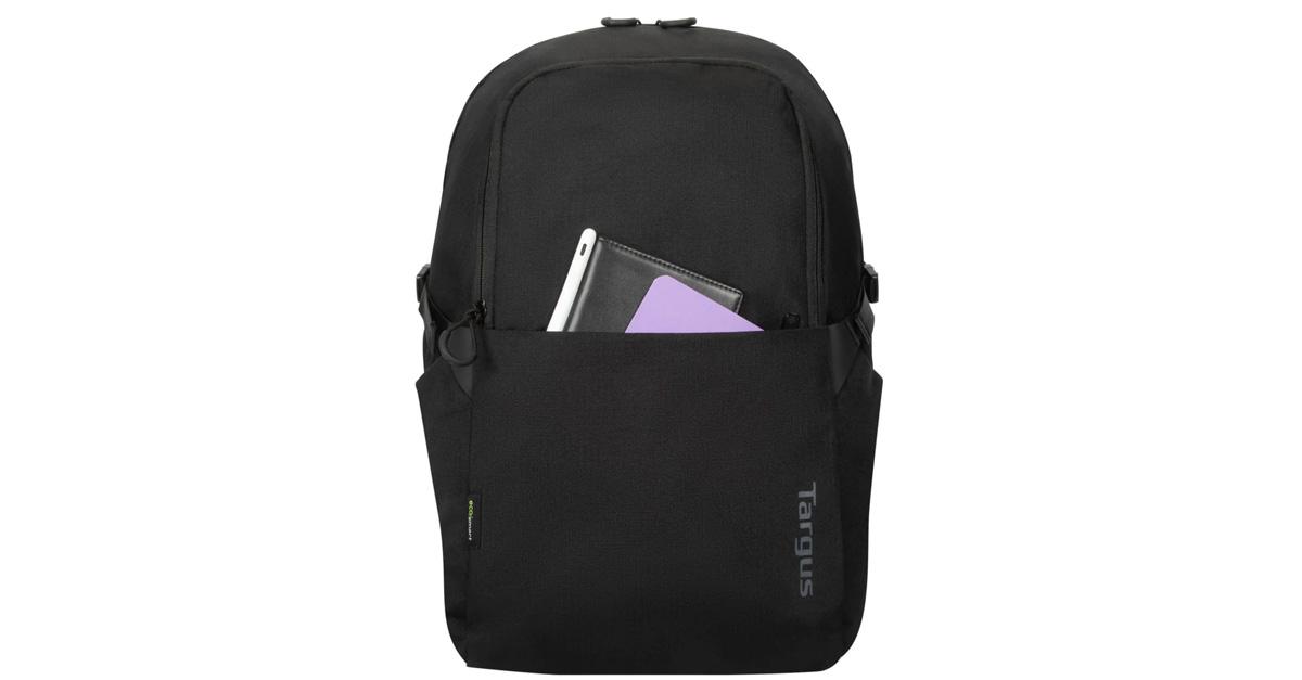 black backpack wtth notebooks in front pocket