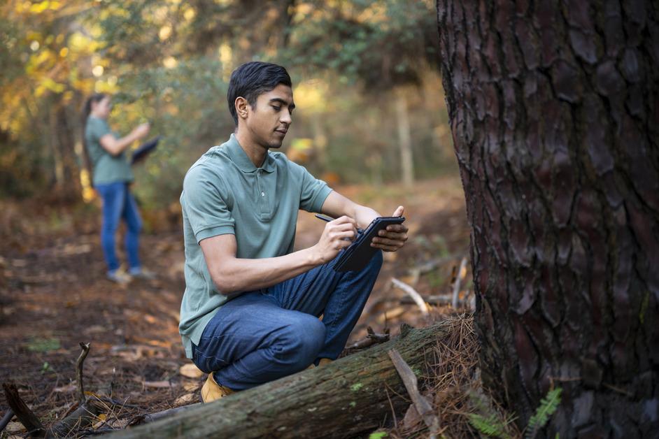 A man in a green shirt kneels next to a tree in a forest with a woman in a green shirt in the background. 