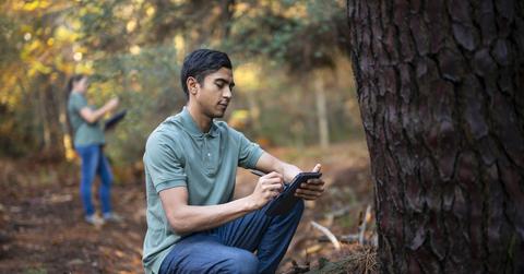 A man in a green shirt kneels next to a tree in a forest with a woman in a green shirt in the background.