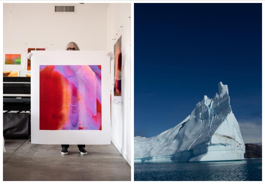 Patricia Carr Morgan holds a piece from her Sublimation art series (left) next to a photo taken of a glacier in Disko Bay, Greenland.