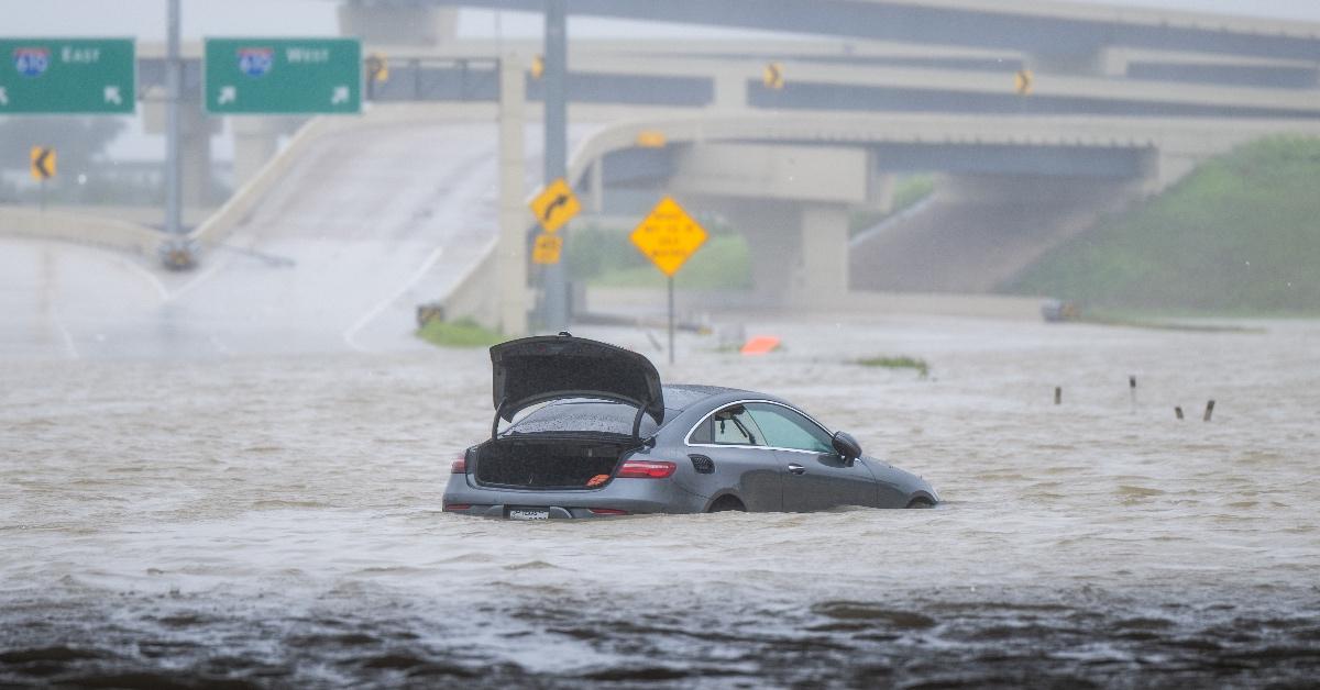 Car submerged in flood water from Hurricane Beryl in Texas on July 8, 2024. 