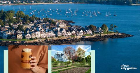 Salem, Mass., coastal landscape photo along with smaller images of a Halloween-themed pumpkin smoothie and the Ropes Mansion garden