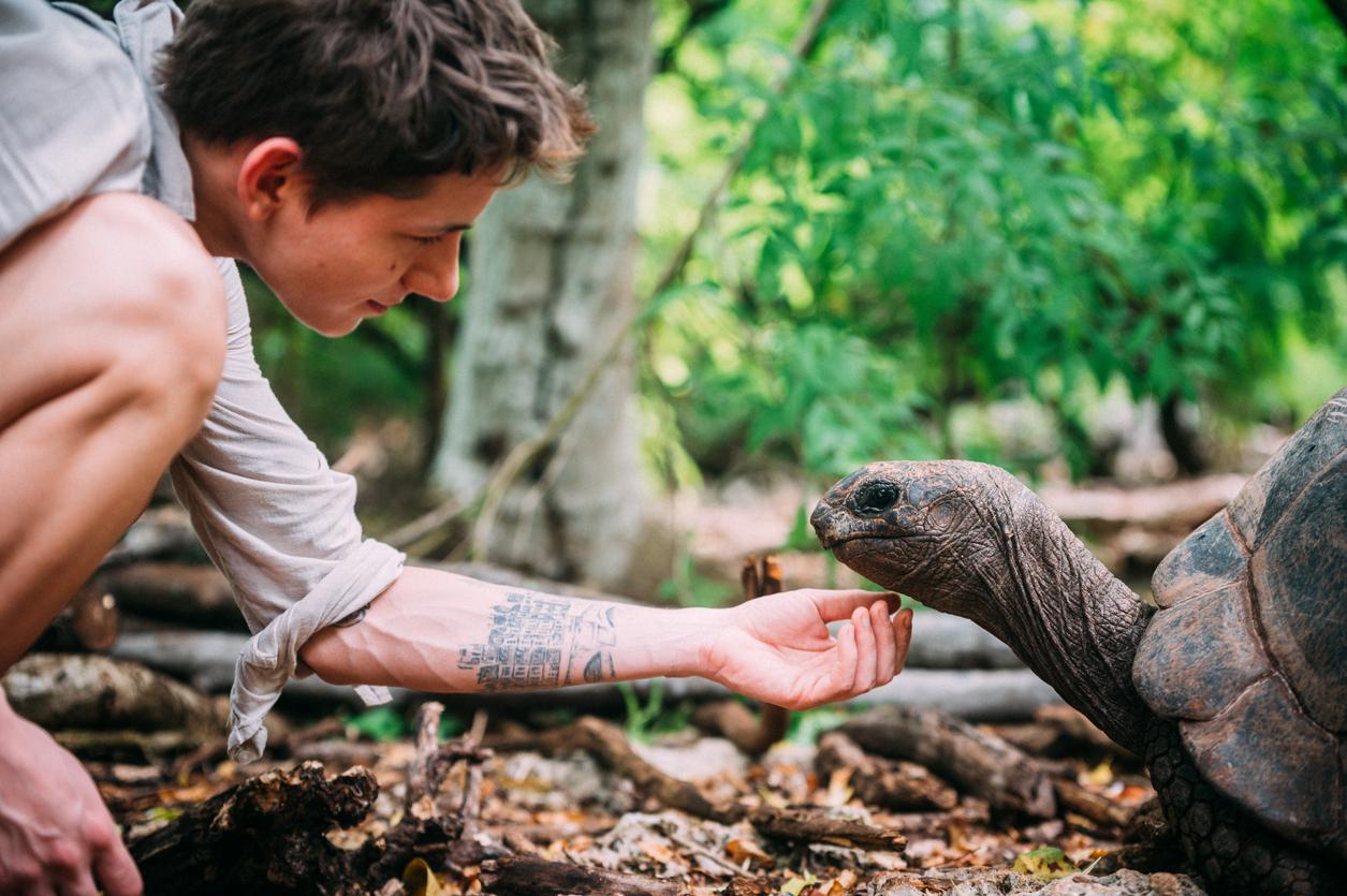 A young man in beige clothing extends his arm beneath a rescued turtle's head.