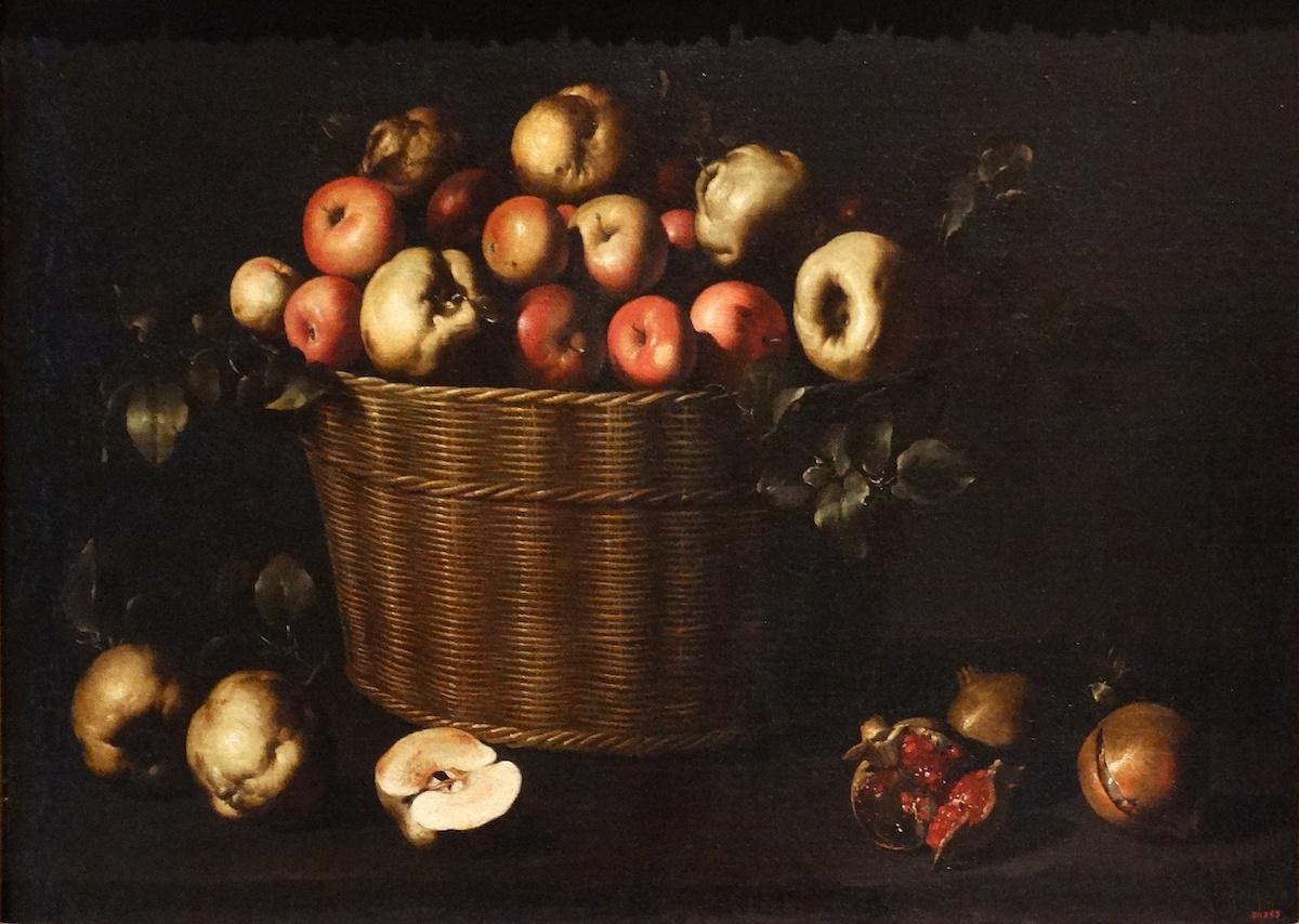 Painting titled 'Basket with Apples, Quinces and Pomegranates' by Juan de Zurbarán.