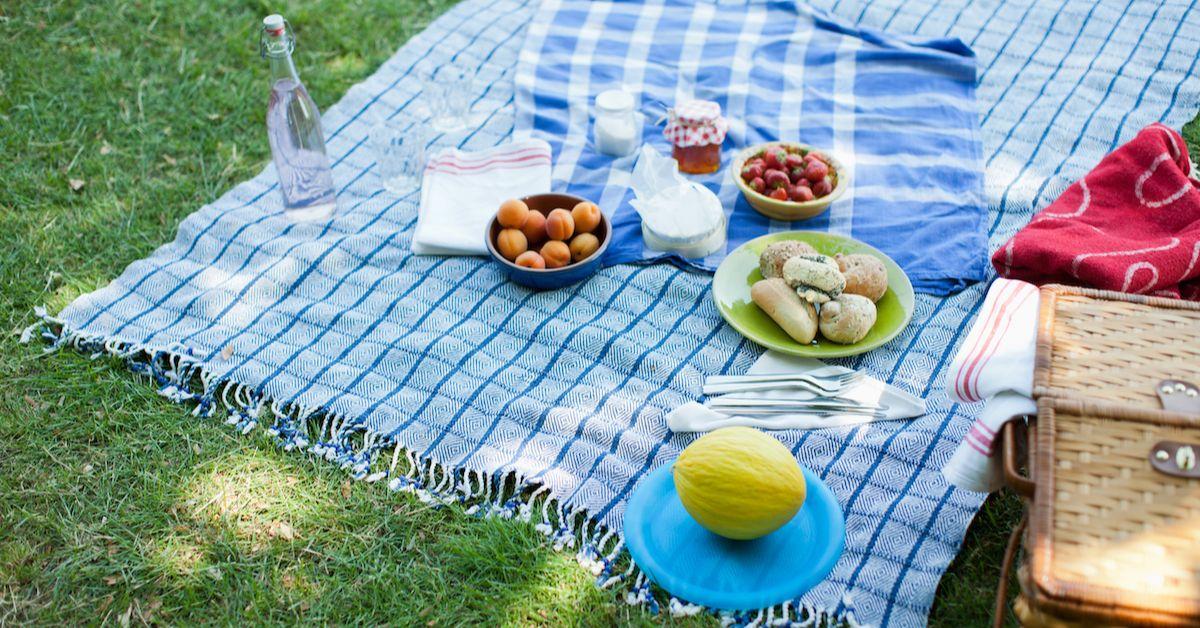 A checkered blanket with various picnic items.