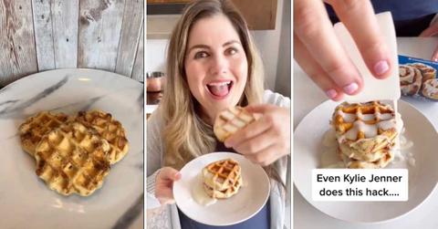 TikTok women bake the viral cinnamon roll waffles (Cover Image Source: TikTok | (L) @kortneyandkarlee, (C) (R) @bestfriendsforfrosting)