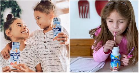 Two young girls hold PediaSure bottles while smiling at each other (left). A brown haired girl in a pink shirt drinks a PediaSure through a straw (right).