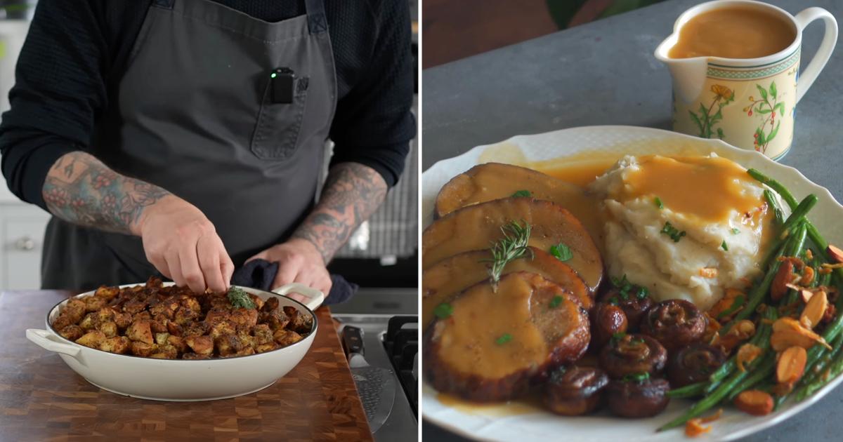 Man garnishes a holiday feast in a bowl, a plate filled with plant-based holiday foods, next to a mug of gravy