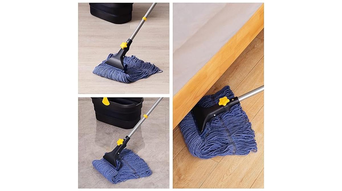 mop with black handle and blue loop-ended mop head