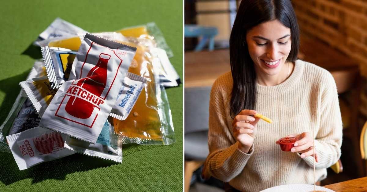 (L) Sauce sachets on green background; (R) A woman dipping fries into ketchup. (Representative Image Source: Getty Images | (L) Mark Weiss, (R) Draganab)