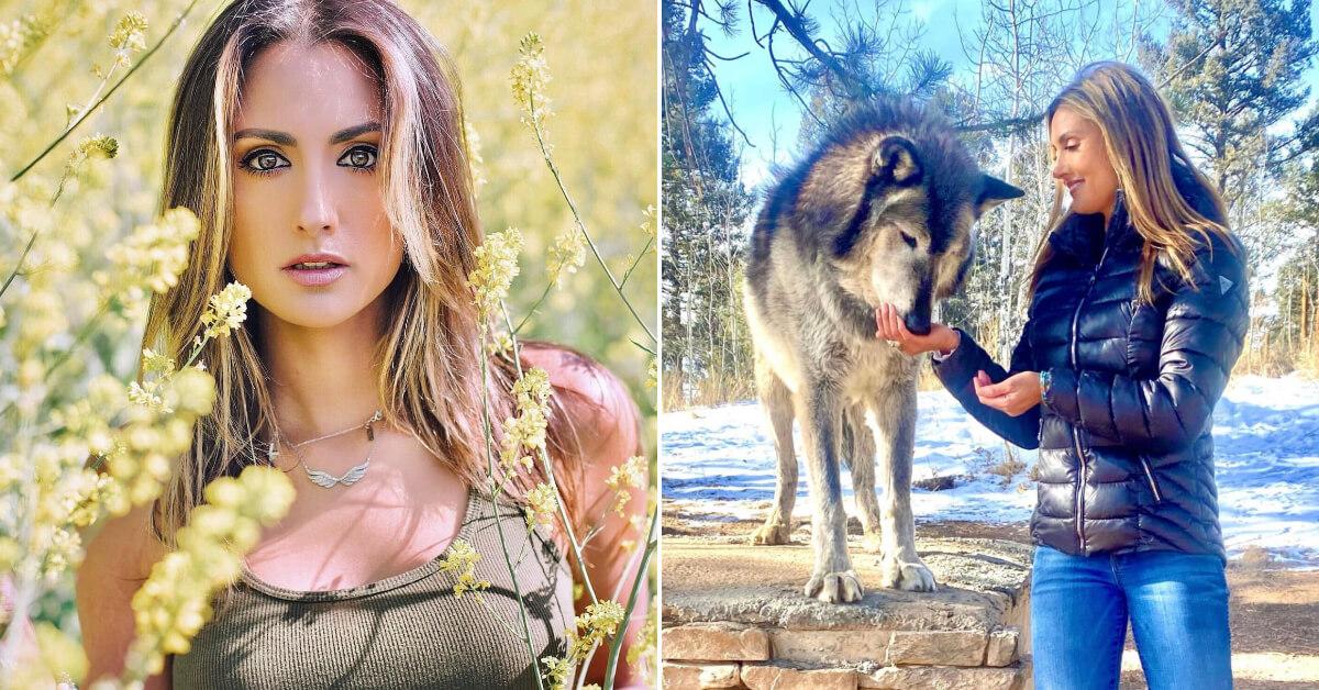 Headshot of actress, model, documentarian, and animal welfare activist Katie Cleary alongside a photo of Cleary feeding a wild wolf