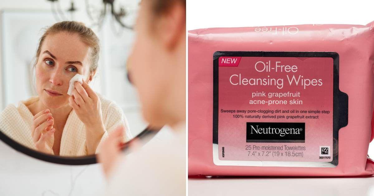 (L) Woman cleaning her makeup with makeup remover wipes, (R) Neutrogina's makeup remover wipes (Representative Cover Image Source: Getty Images | (L) Sergey Mirosov, (R) JFMDesign)