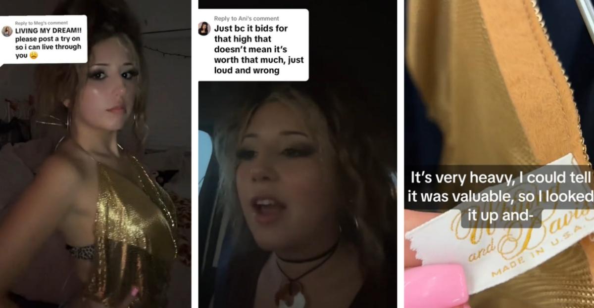 Three images of a woman speaking about thrifting a rare gold top.