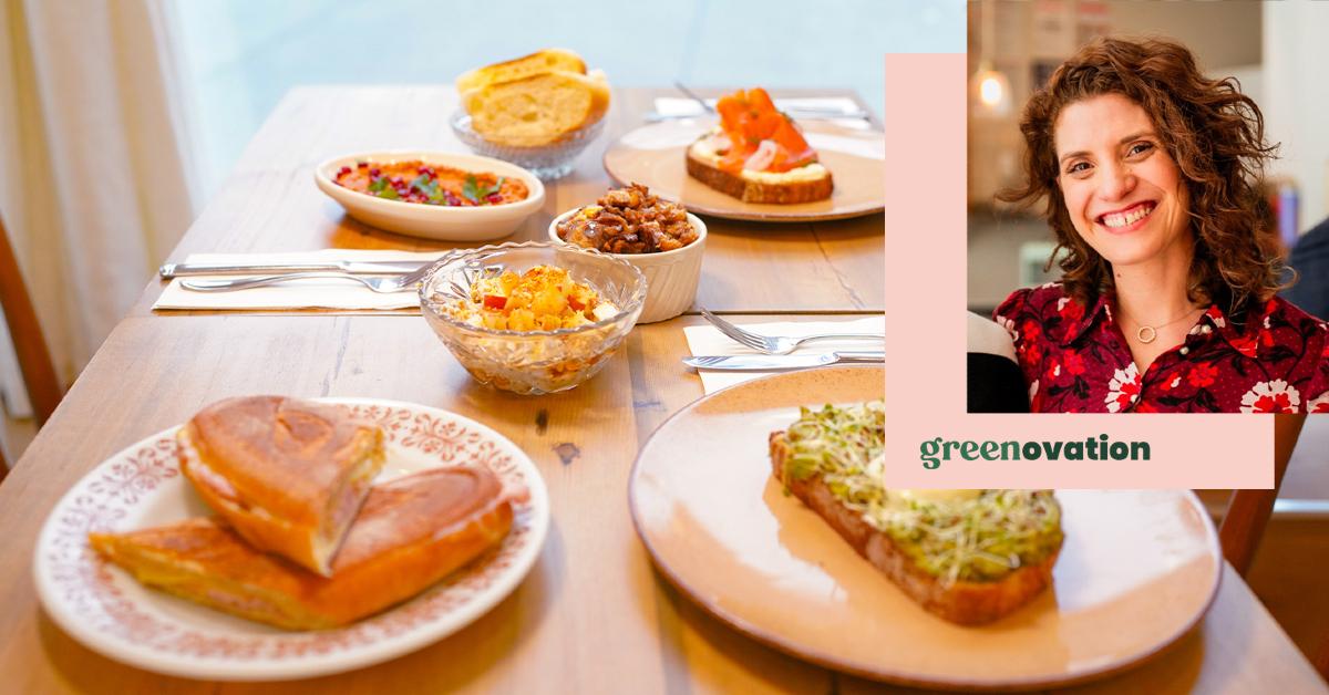 Background photo of a table with several plates of food with a smaller photo of Purple Waves founder Sharon Avnon Reuveni and the Green Matters "Greenovation" logo 