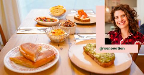 Background photo of a table with several plates of food with a smaller photo of Purple Waves founder Sharon Avnon Reuveni and the Green Matters "Greenovation" logo