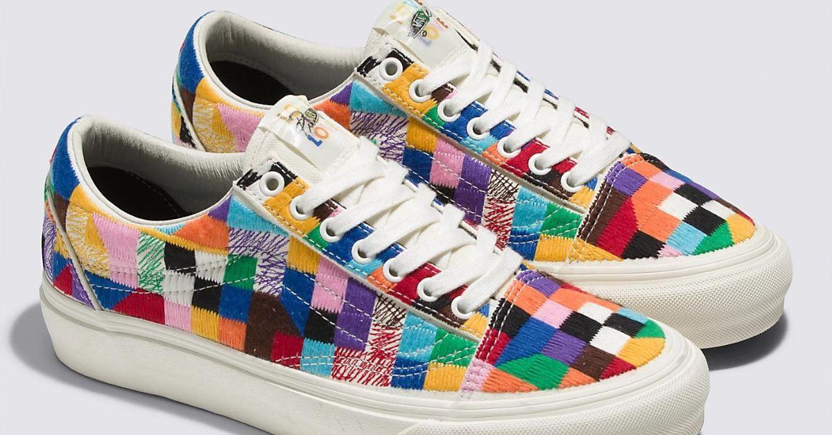 Rainbow checkerboard sneakers.