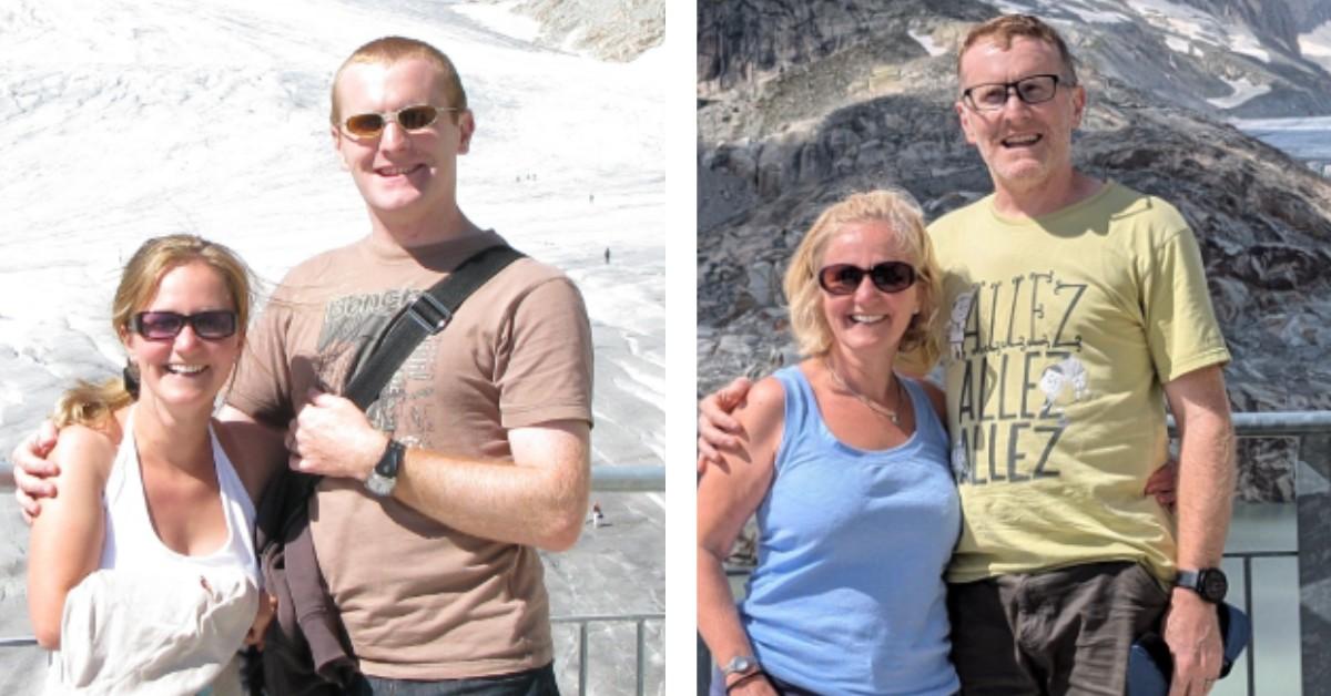 A couple poses in front of the same Swiss glaciers 15 years apart