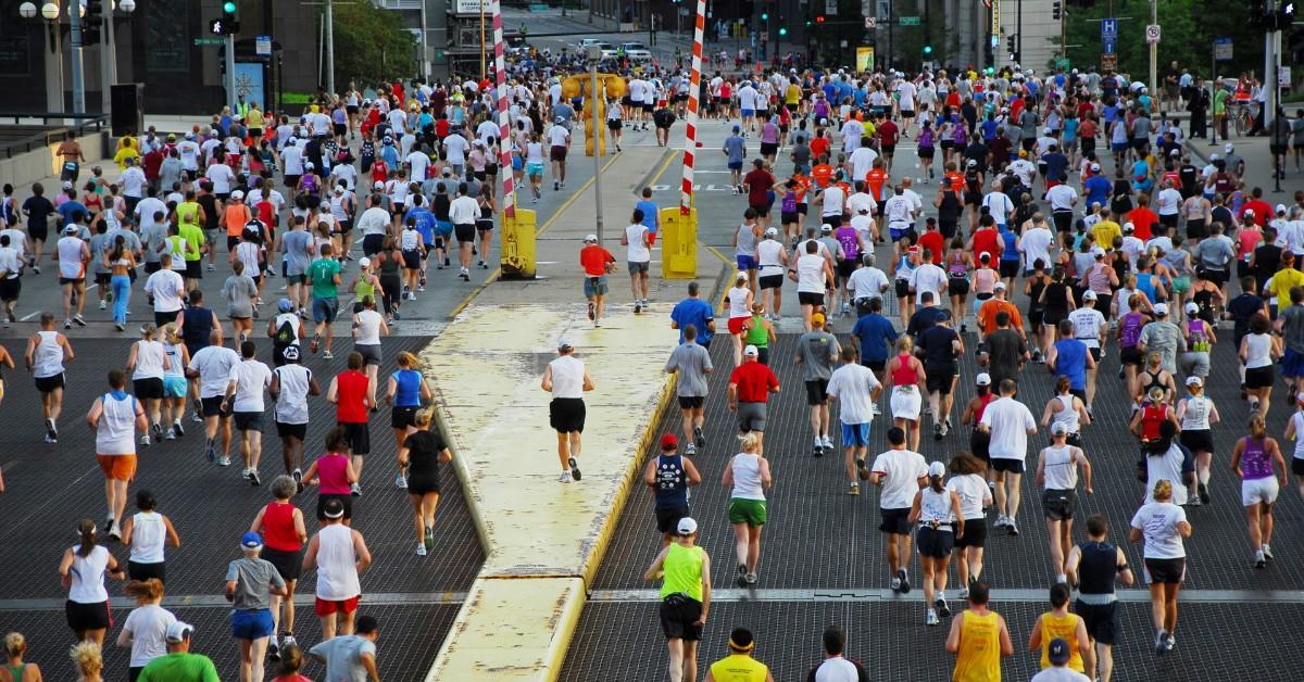 Runners fill the street during the Chicago Marathon