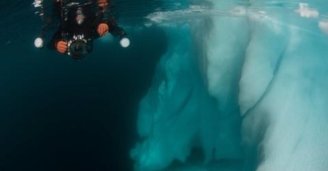 A diver with an underwater camera is recording the bottom of a floating sea ice. (Representative Cover Image Source: Getty Images | by Wildestanimal)