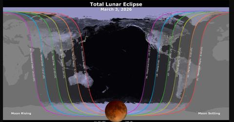 A map showing where the March 3, 2026 lunar eclipse is visible. Contours mark the edge of the visibility region at eclipse contact times. (Cover Image Source: NASA's Scientific Visualization Studio)