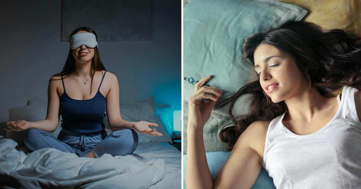 (L) Woman meditating on the bed. (R) Beautiful woman sleeping calmly (Representative Cover Image Source: Pexels | (L) Anna Nekrashevich, (R) Andrea Piacquadio)